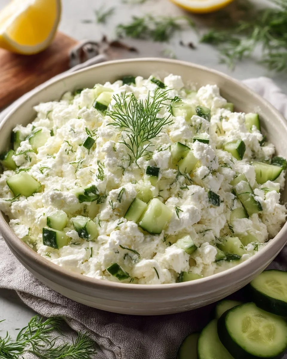 Cottage Cheese and Cucumber Salad served in a bowl with fresh herbs