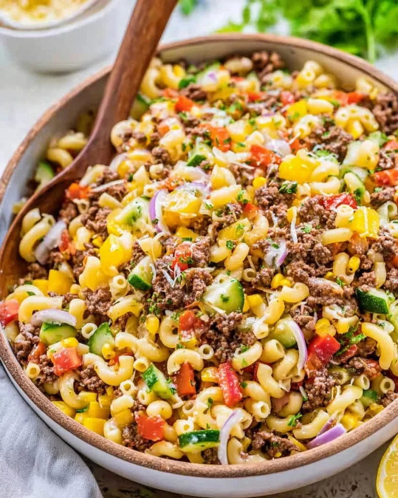 Delicious Cowboy Pasta Salad with vibrant vegetables and ranch dressing