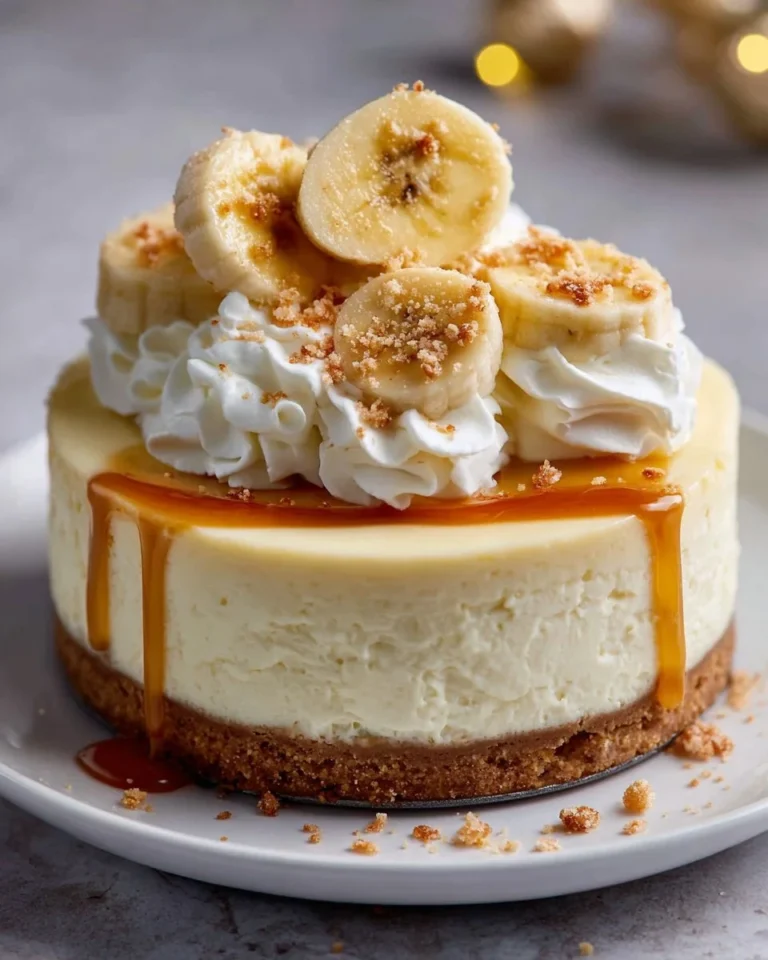 Creamy banana cheesecake topped with fresh banana slices and whipped cream
