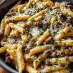 Creamy Beef Alfredo Ziti served in a bowl with cheese and herbs