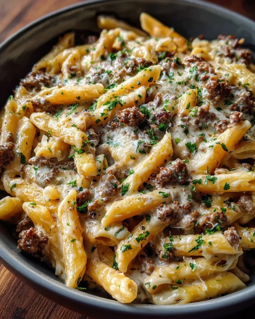 Creamy Beef Alfredo Ziti served in a bowl with cheese and herbs