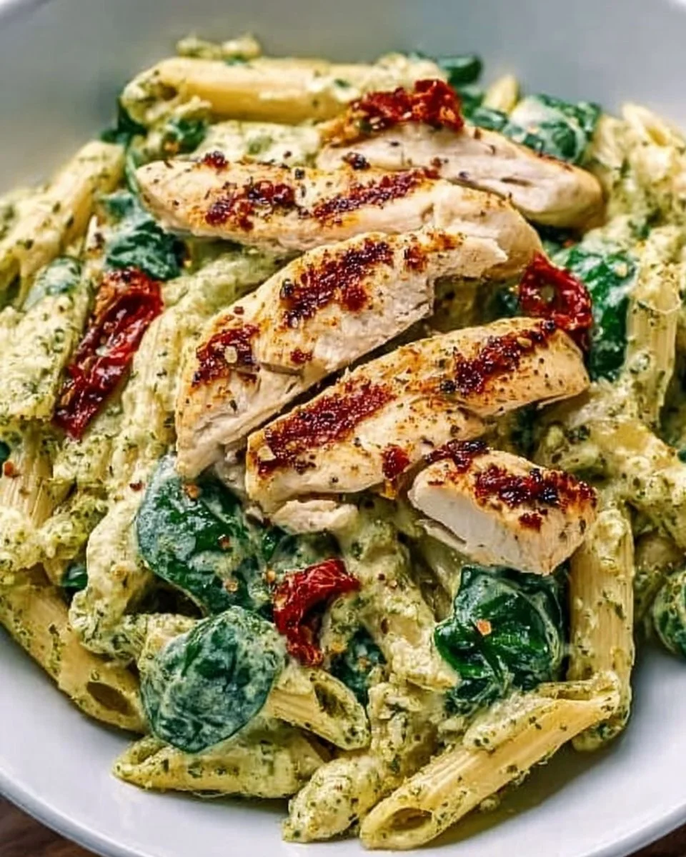 Creamy chicken pesto pasta with spinach served in a bowl, garnished with herbs