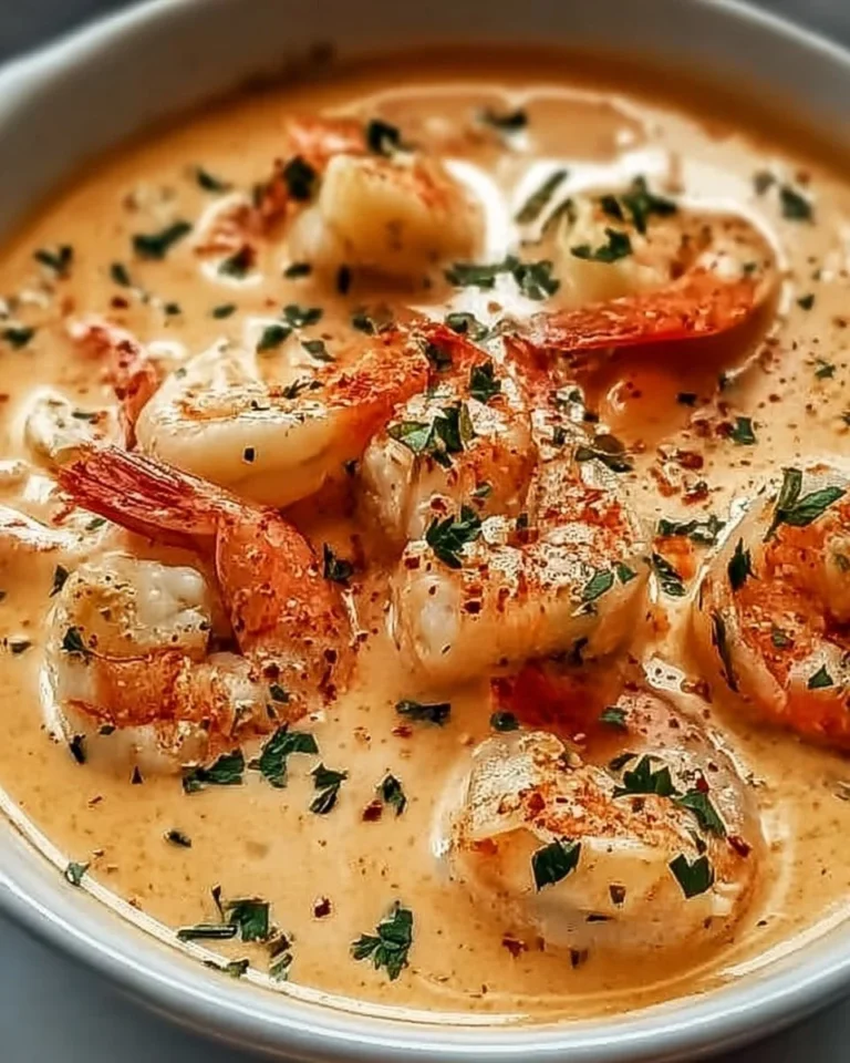 Bowl of creamy crab and shrimp seafood bisque garnished with herbs