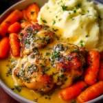 Delicious creamy herb chicken thighs served with carrots and mashed potatoes