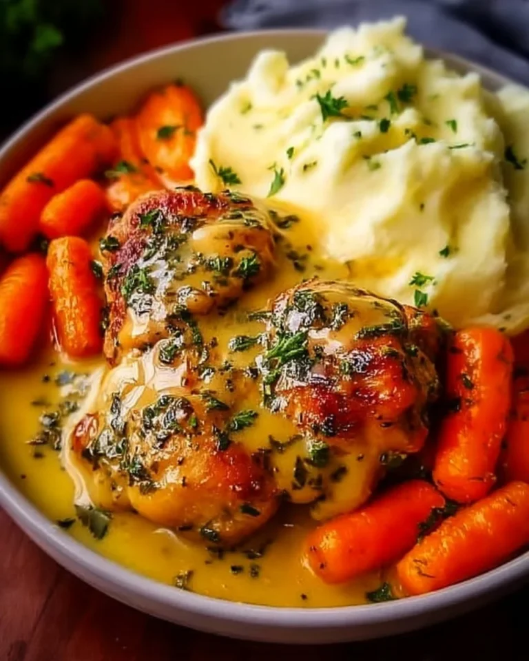 Delicious creamy herb chicken thighs served with carrots and mashed potatoes