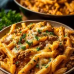 Delicious creamy high protein beef pasta dish served in a bowl