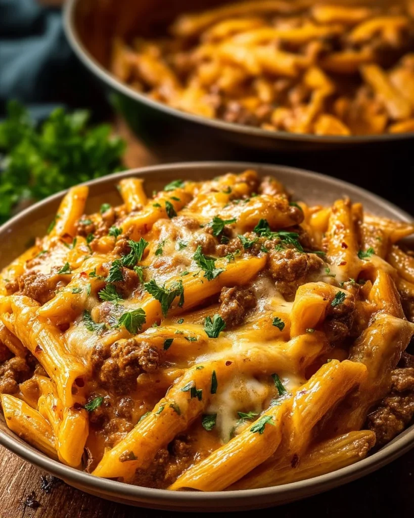 Delicious creamy high protein beef pasta dish served in a bowl