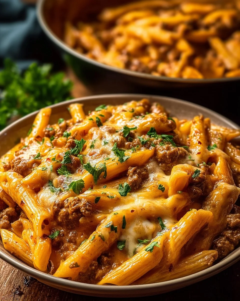 Delicious creamy high protein beef pasta dish served in a bowl