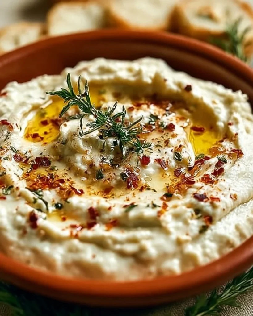 Creamy hot honey Boursin dip served in a bowl, garnished with herbs.