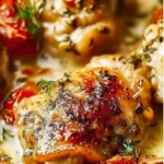 Creamy oven baked chicken thighs served on a plate with vegetables