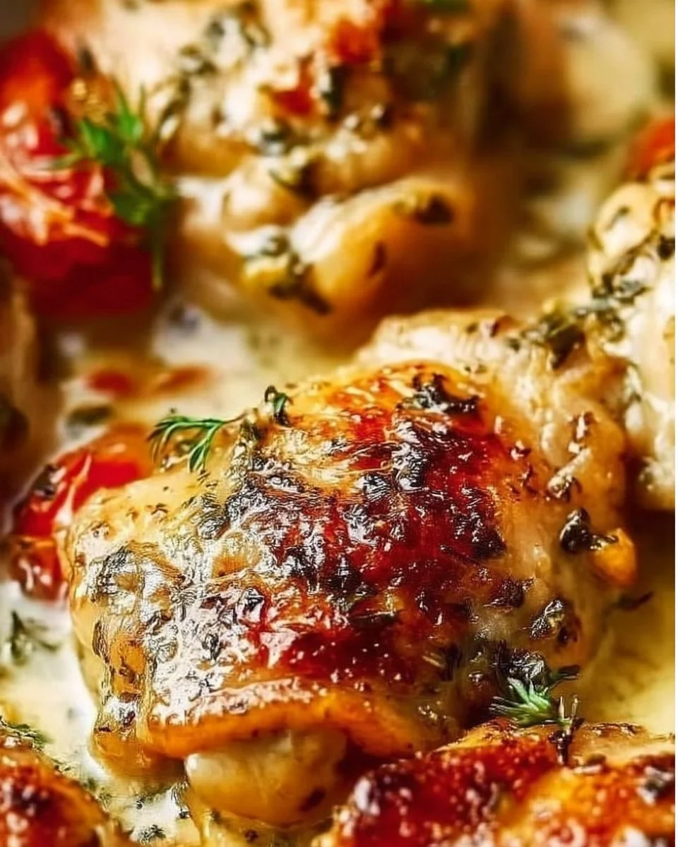 Creamy oven baked chicken thighs served on a plate with vegetables
