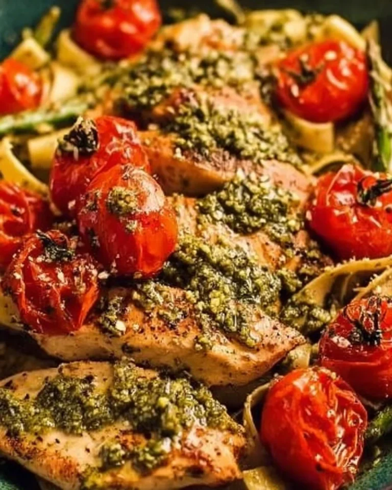 Creamy pesto chicken with roasted tomatoes on a plate