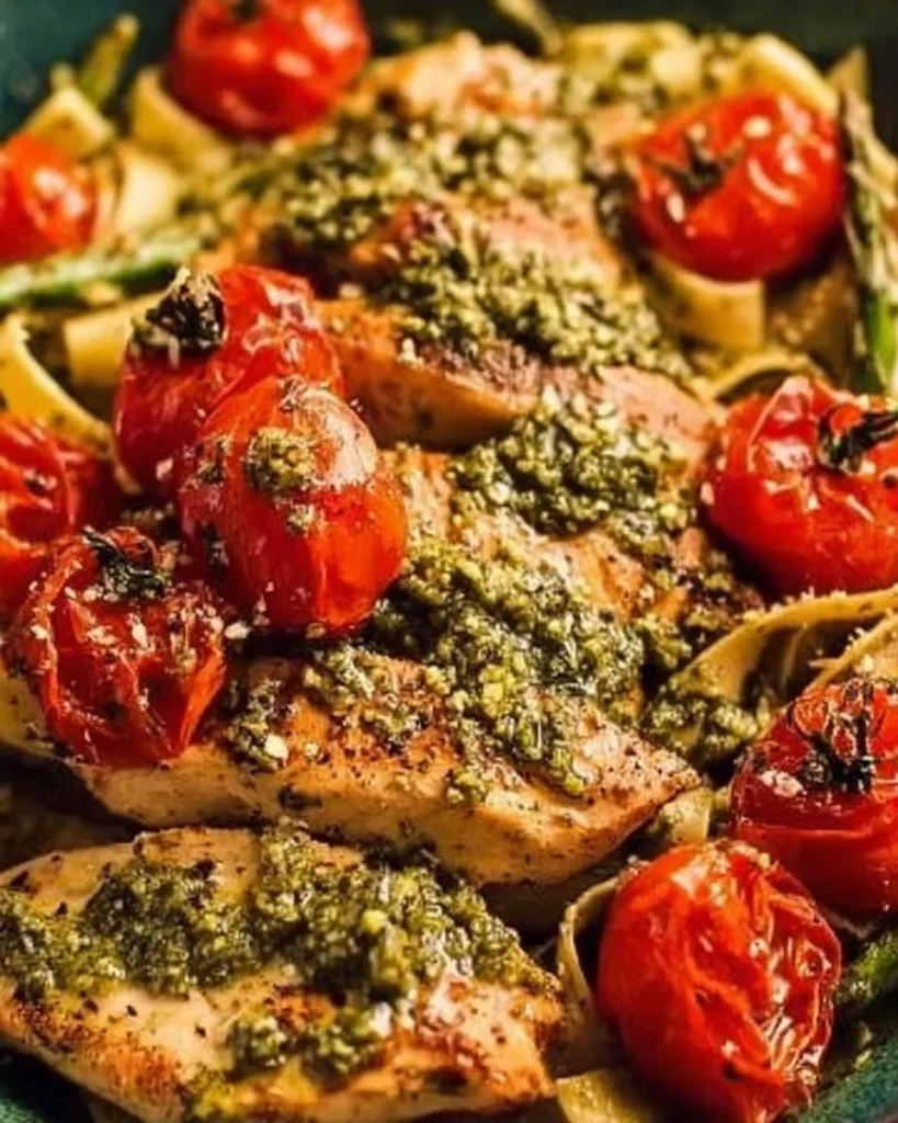 Creamy pesto chicken with roasted tomatoes on a plate