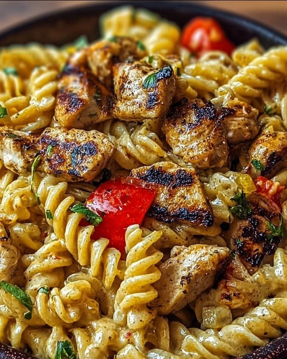Creamy Rasta pasta with jerk chicken served in a bowl