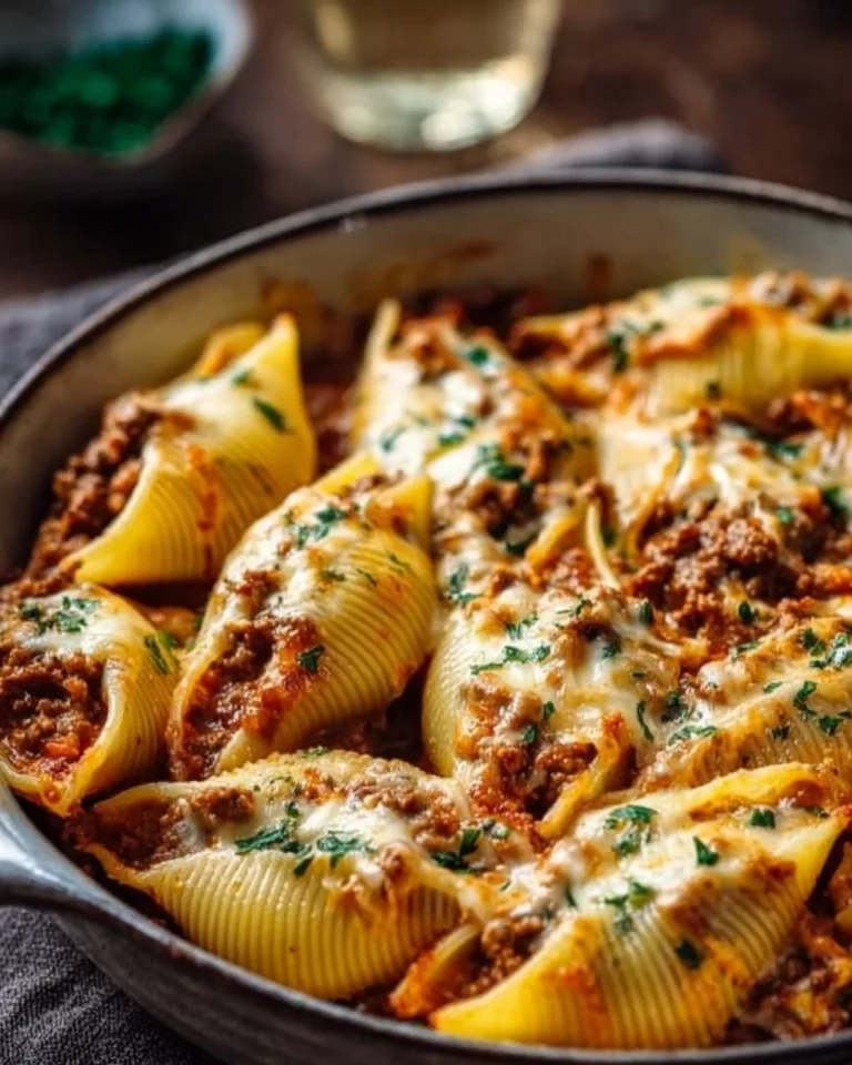 Creamy ricotta beef stuffed shells pasta served on a plate