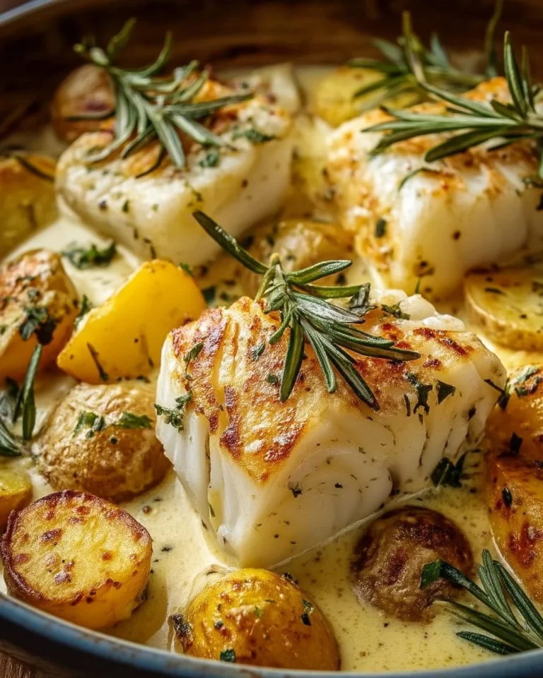 Creamy rosemary cod served with potatoes in a delicious dish
