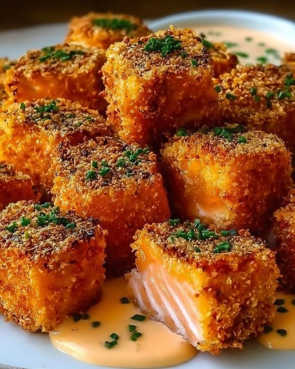 Crispy Bang Bang Salmon bites served with dipping sauce