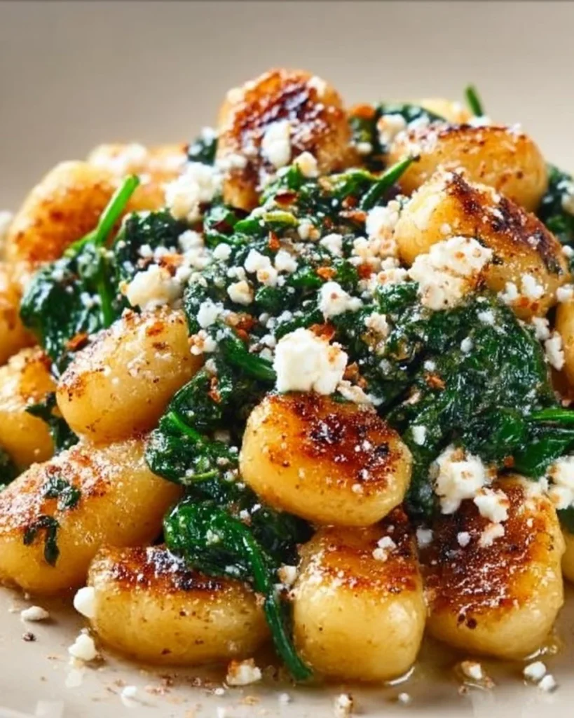 Crispy gnocchi with spinach and feta on a plate