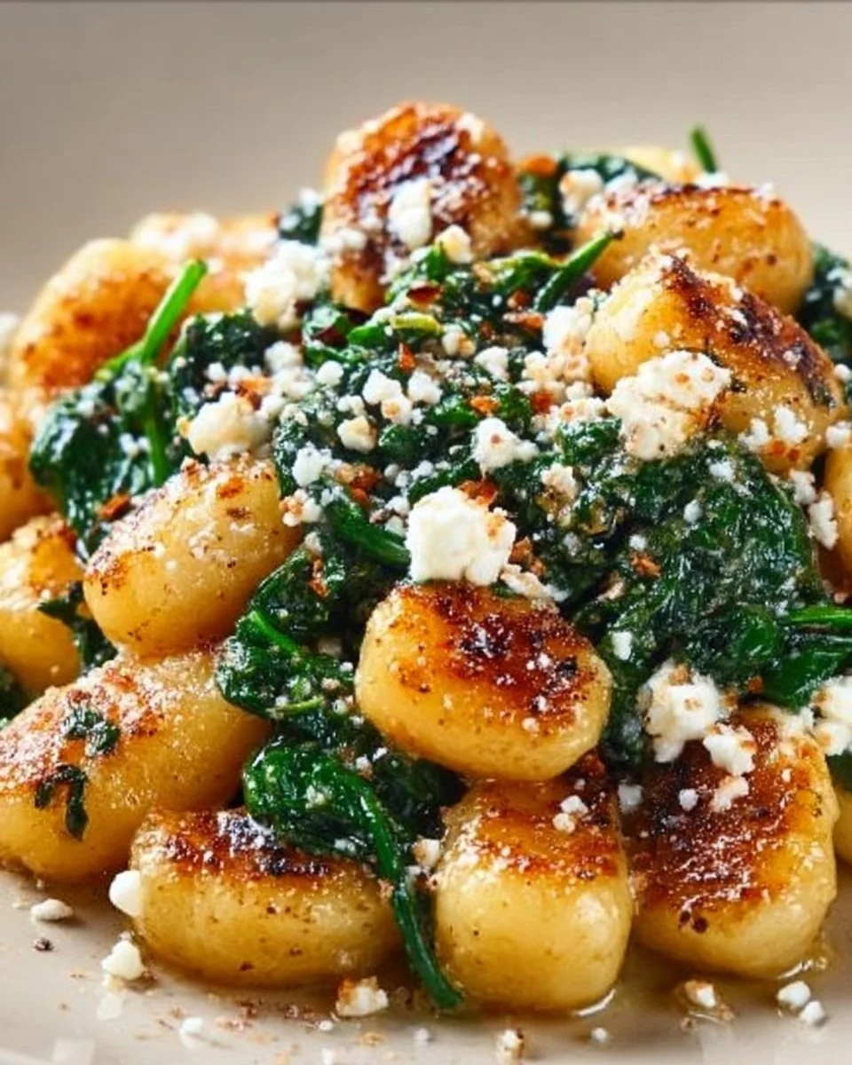 Crispy gnocchi with spinach and feta on a plate