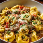 Delicious Crock Pot Cheesesteak Tortellini served in a bowl