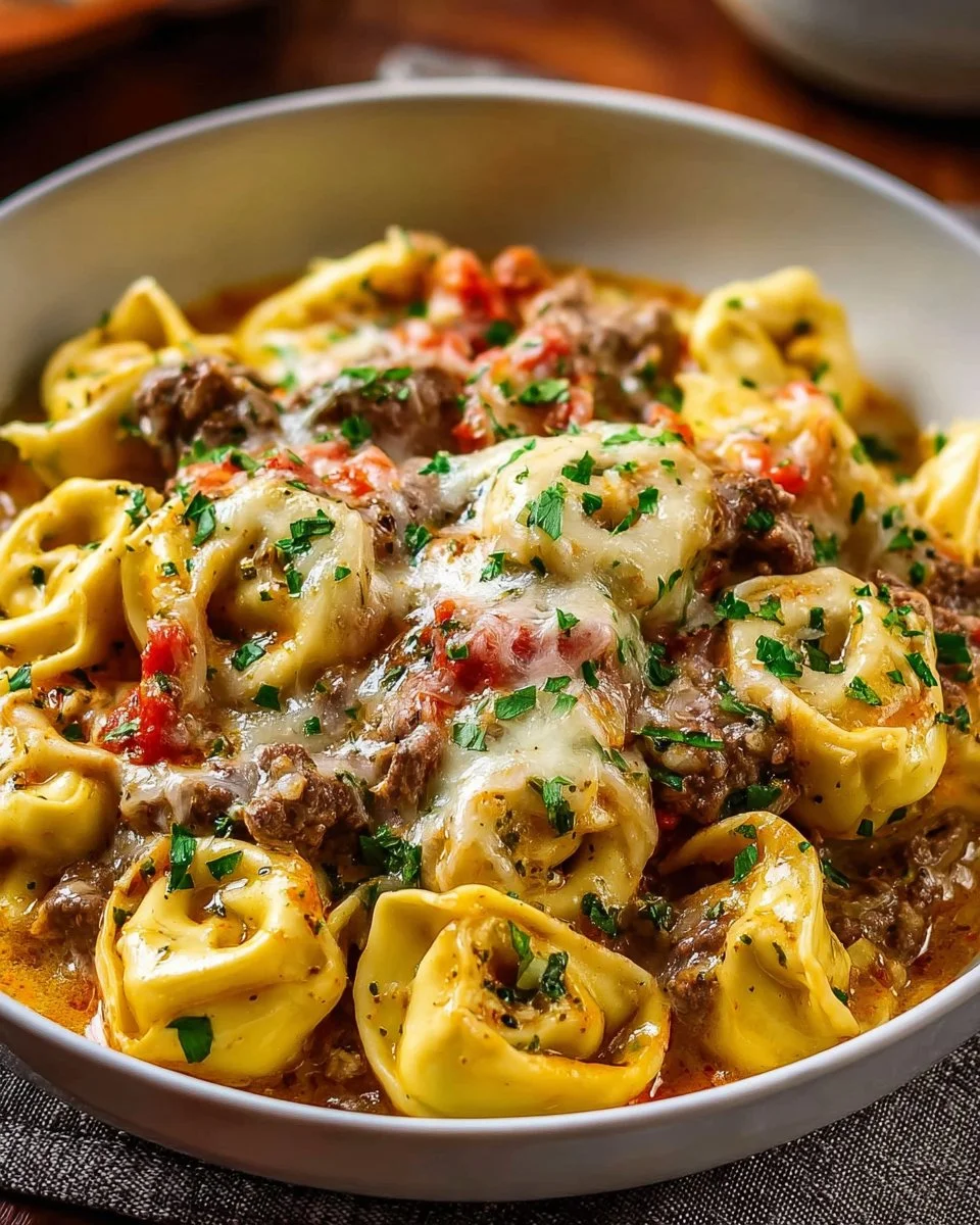 Delicious Crock Pot Cheesesteak Tortellini served in a bowl