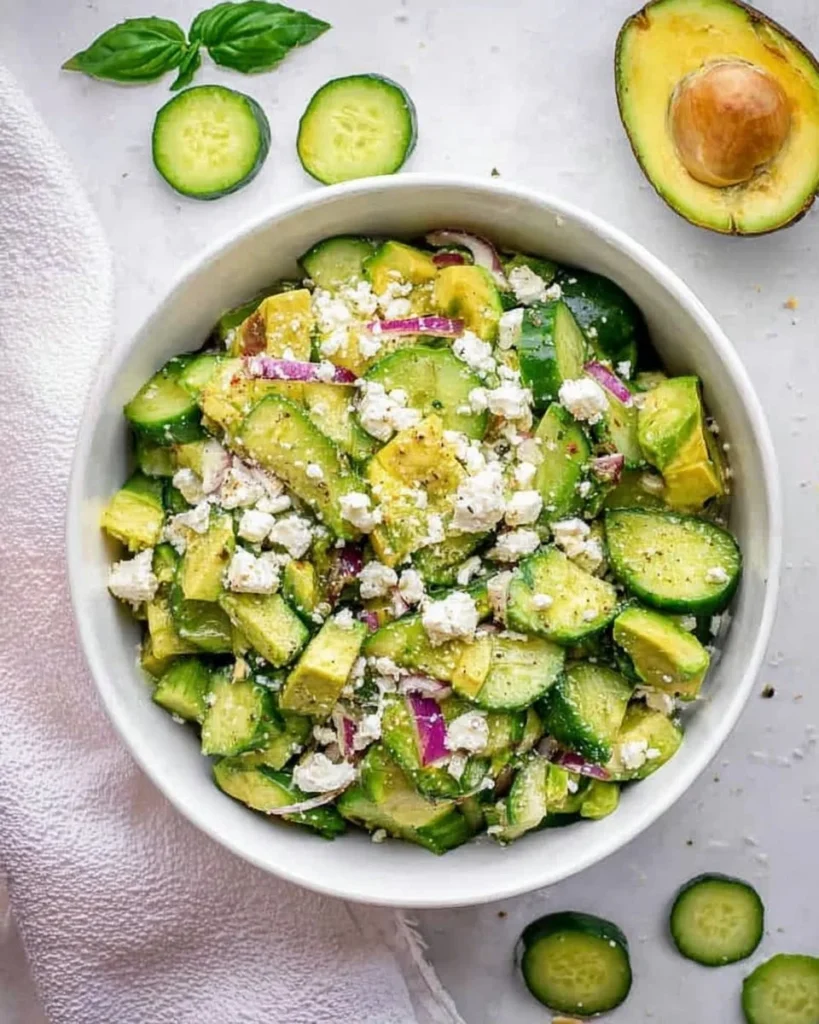 Delicious Cucumber Avocado Feta Salad with fresh ingredients