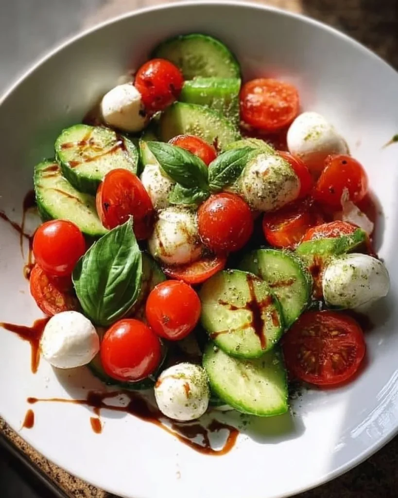 Cucumber Caprese Salad with fresh ingredients on a plate
