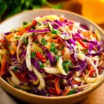 Colorful dairy-free Mexican coleslaw in a serving bowl with fresh vegetables.