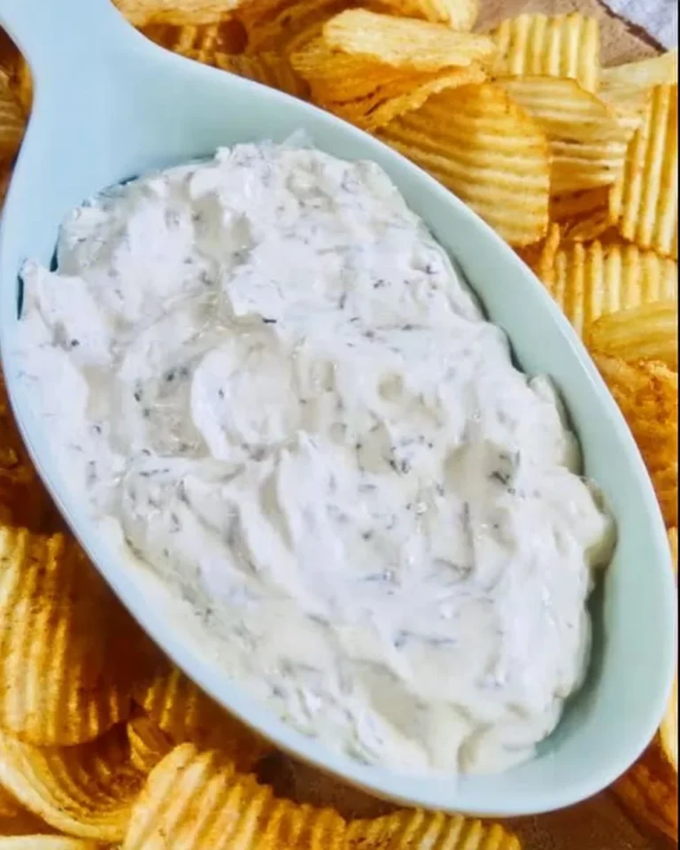 Creamy Dean's French Onion Dip served with fresh veggies and chips