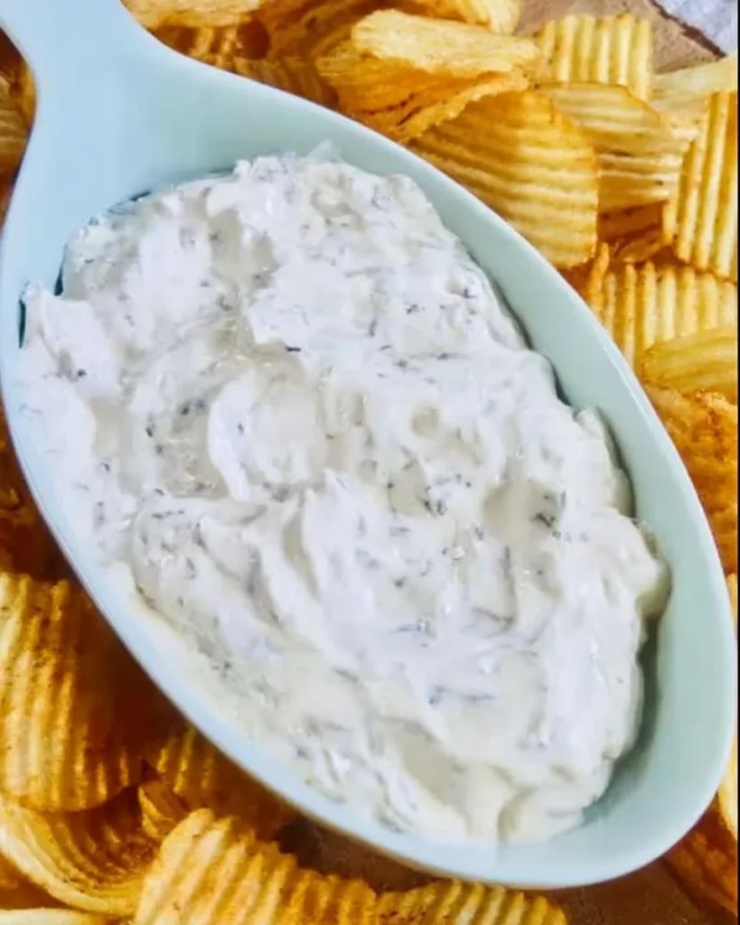 Creamy Dean's French Onion Dip served with fresh veggies and chips