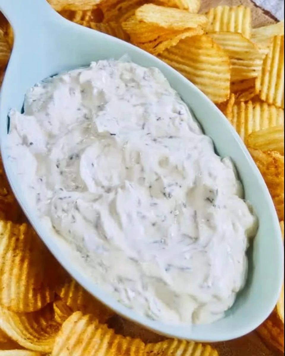 Creamy Dean's French Onion Dip served with fresh veggies and chips