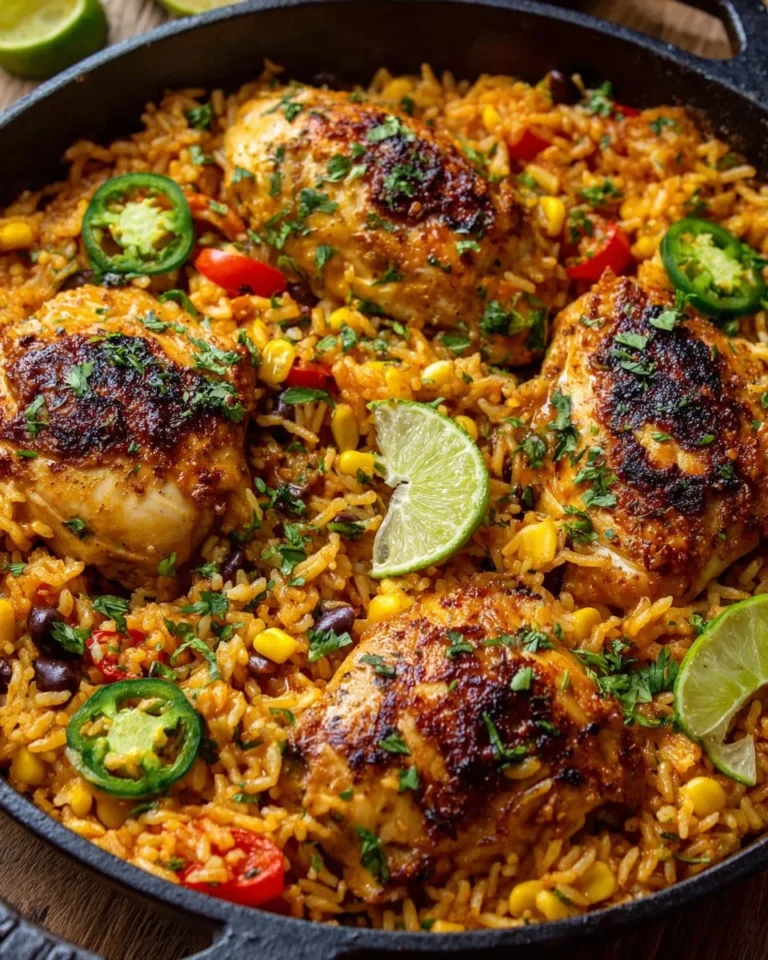 Delicious one pan Mexican chicken rice dish ready for a busy night meal