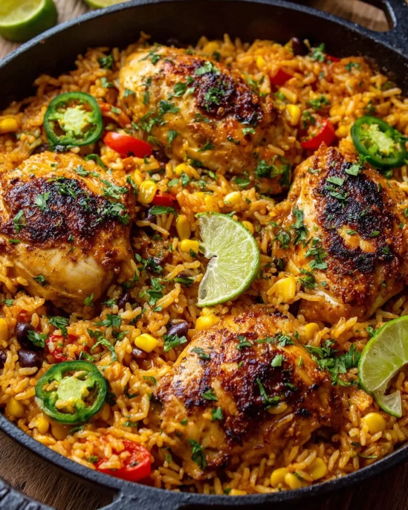 Delicious one pan Mexican chicken rice dish ready for a busy night meal