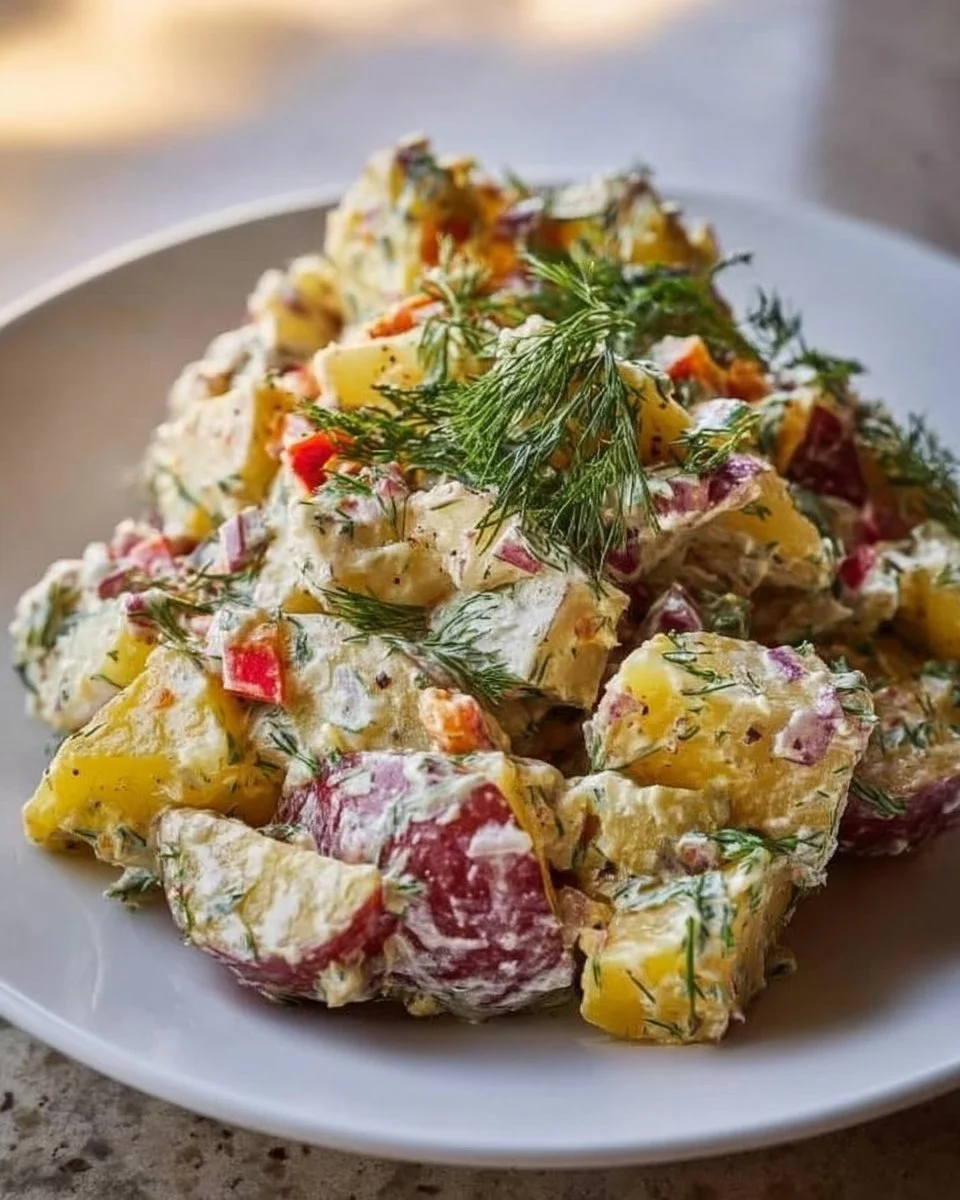 Bowl of Dill Potato Salad served with fresh herbs and garnished with dill sprigs.