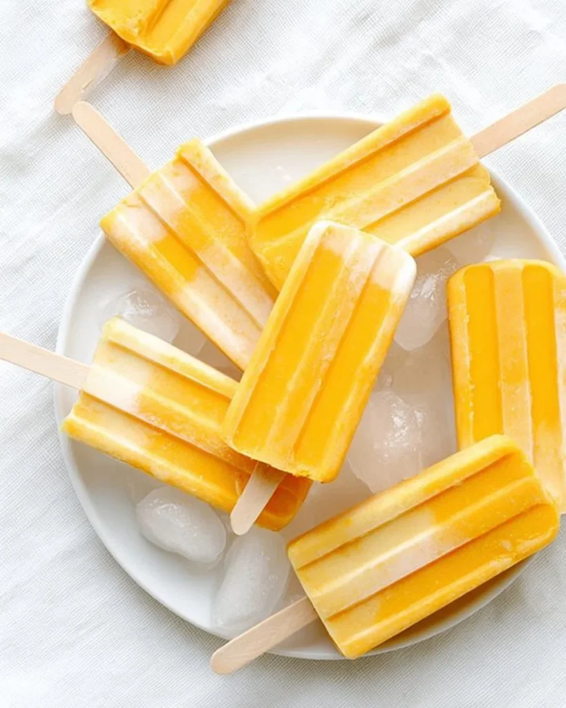 Dreamy creamy mango pops served on a stick, perfect for summer treats.