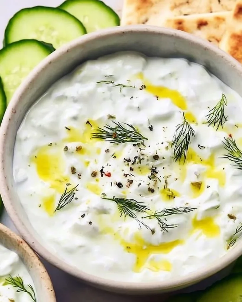 Bowl of easy authentic tzatziki with fresh cucumbers and herbs
