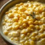 Delicious bowl of easy creamed corn served with a garnish
