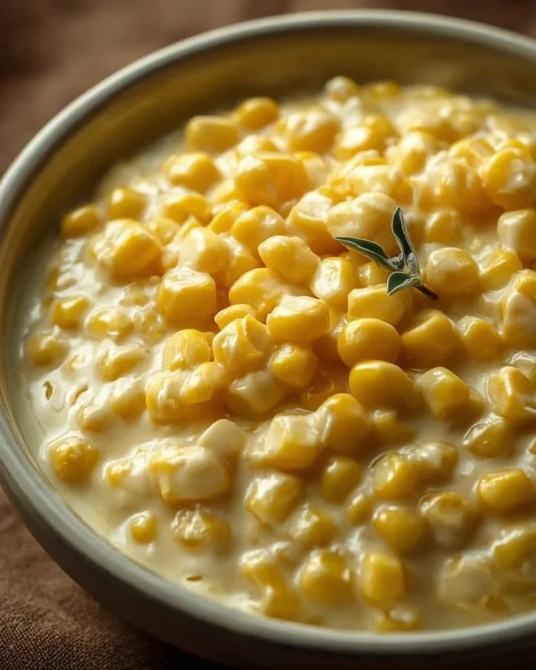 Delicious bowl of easy creamed corn served with a garnish