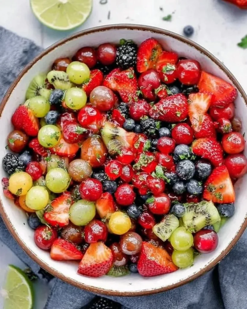 A colorful bowl of easy fruit salad made with fresh fruits
