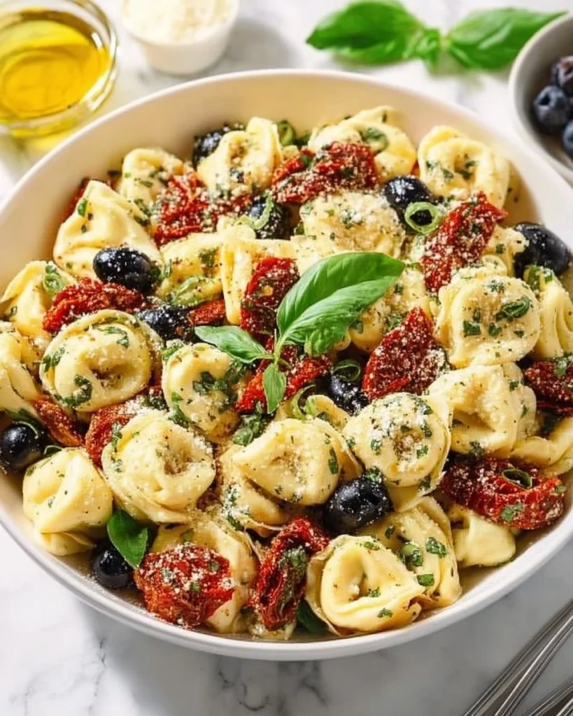 Delicious Garlic Parmesan Tortellini Salad served in a bowl with fresh ingredients