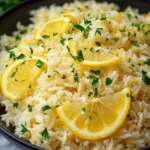 Bowl of Easy Greek Lemon Rice with fresh lemon and herbs