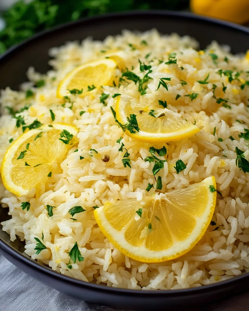 Bowl of Easy Greek Lemon Rice with fresh lemon and herbs
