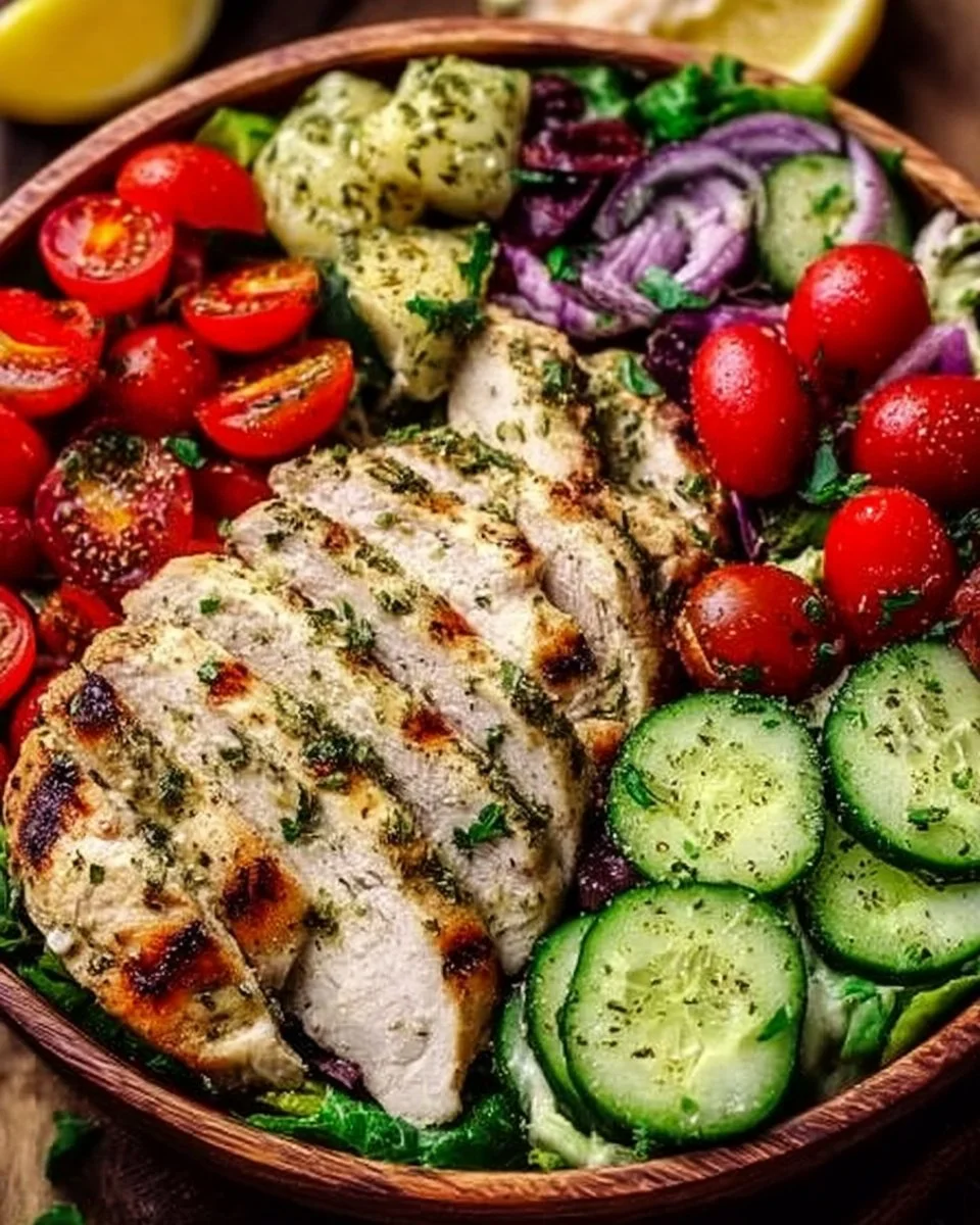 Easy Lemon Herb Mediterranean Chicken Salad with fresh ingredients and herbs