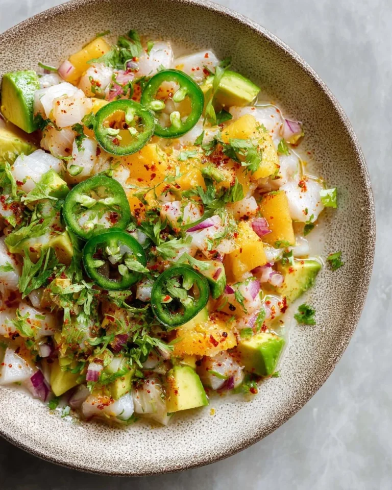 Fresh snapper ceviche served in a bowl with garnish