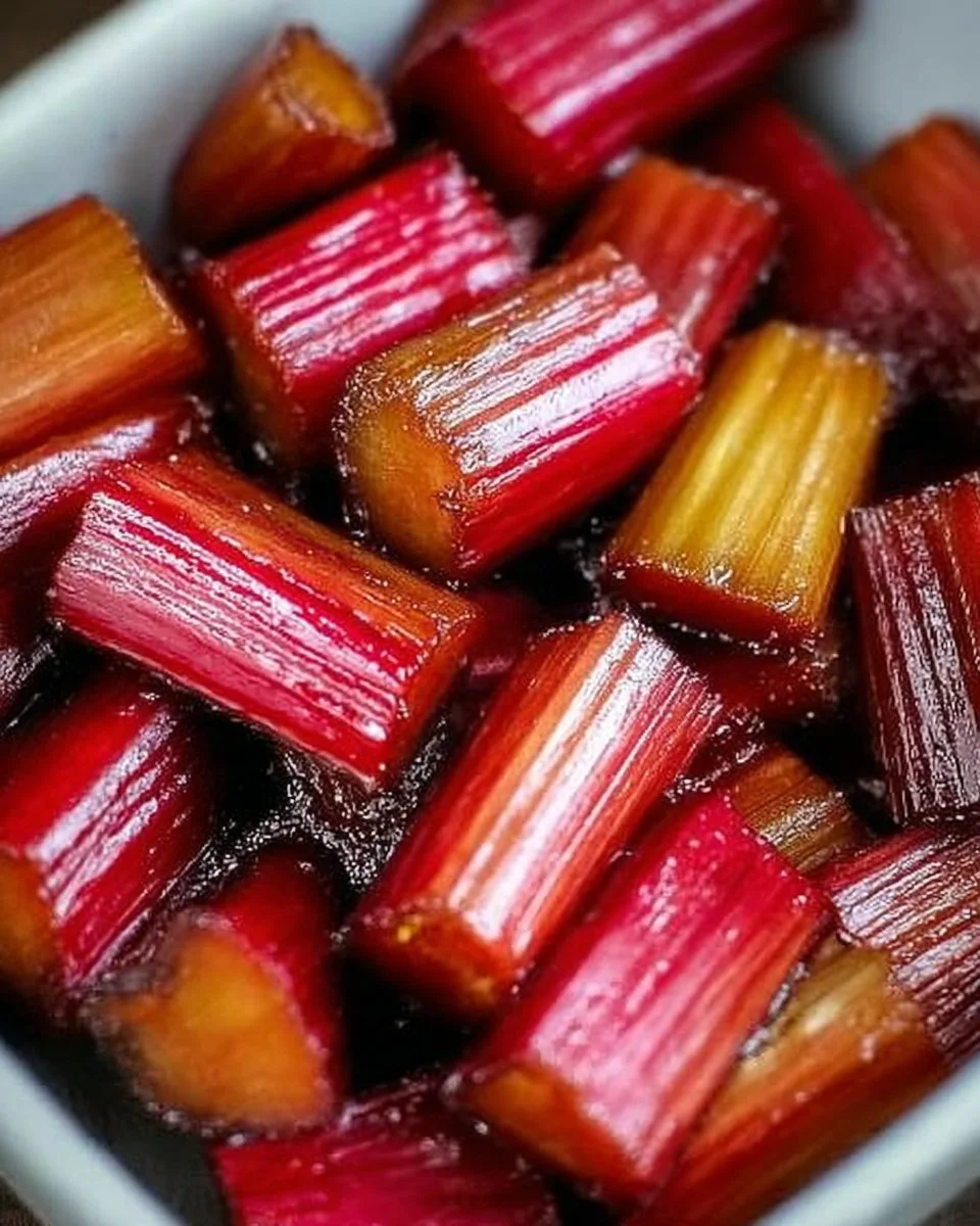Delicious vegan maple-glazed roasted rhubarb served on a plate.
