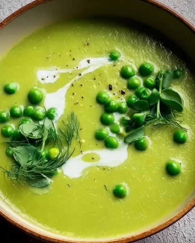 Fennel soup garnished with peas and lemon slices in a bowl