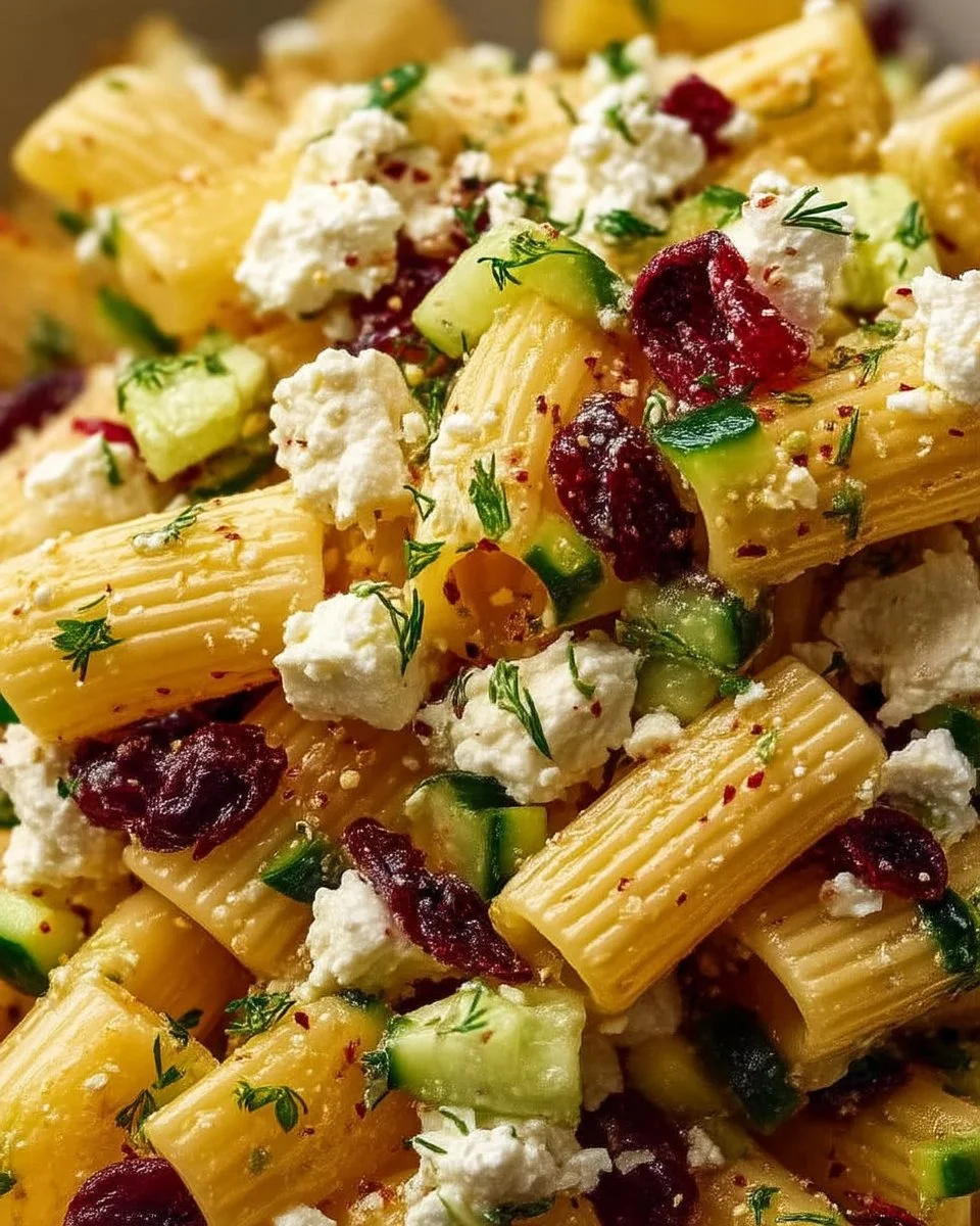 Delicious Feta Cranberry Rigatoni Salad with Lemon Vinaigrette on a serving plate