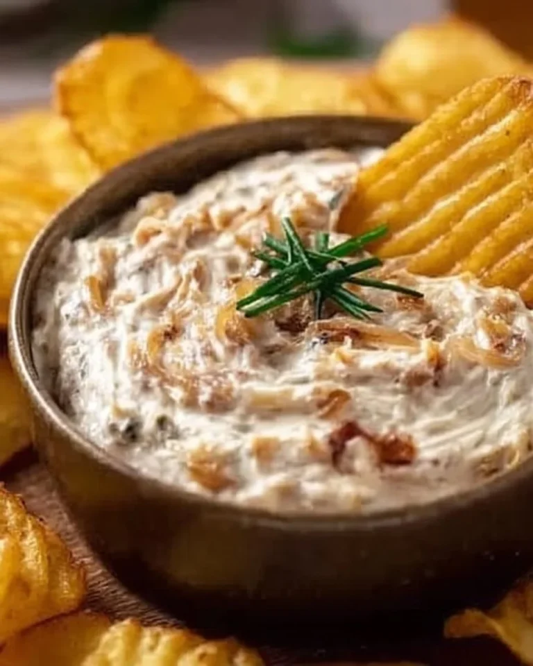 Delicious homemade French Onion Dip served with crispy chips.