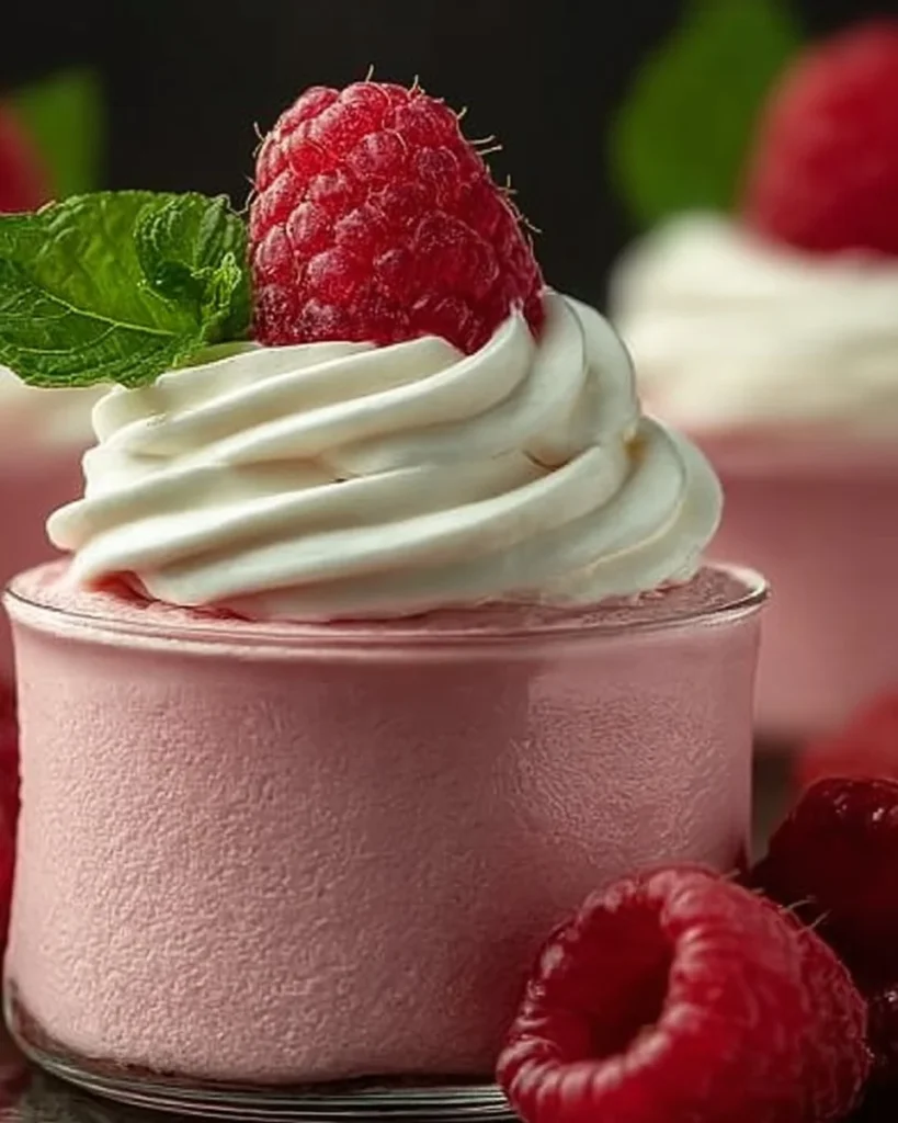 Fresh Raspberry Cloud Mousse topped with raspberries and mint leaves