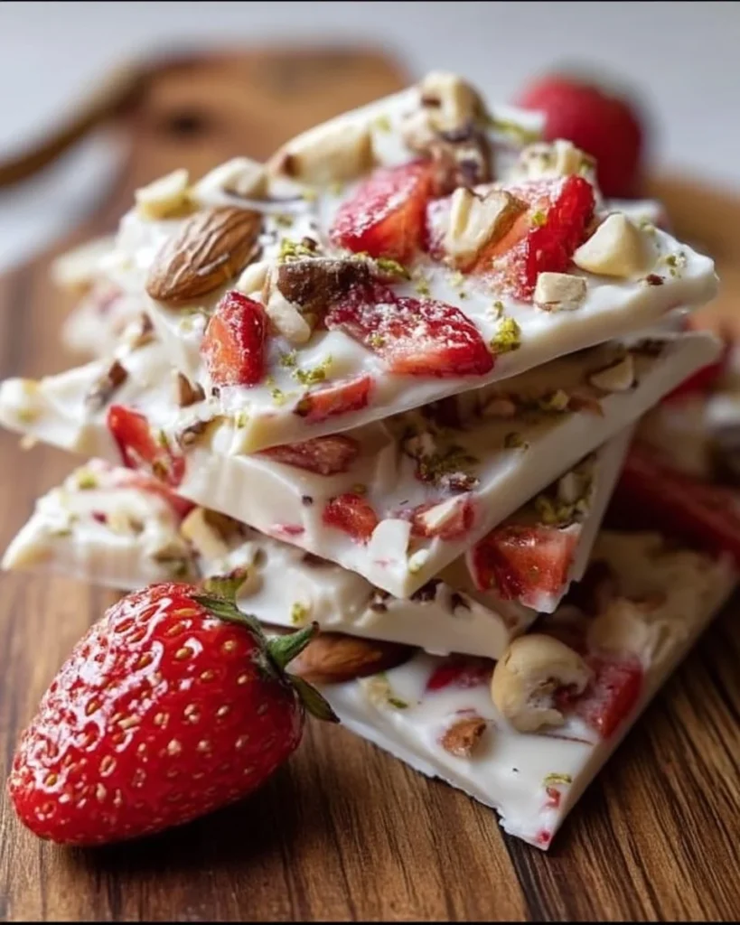 Colorful frozen yogurt bark topped with fruits and nuts on a wooden table